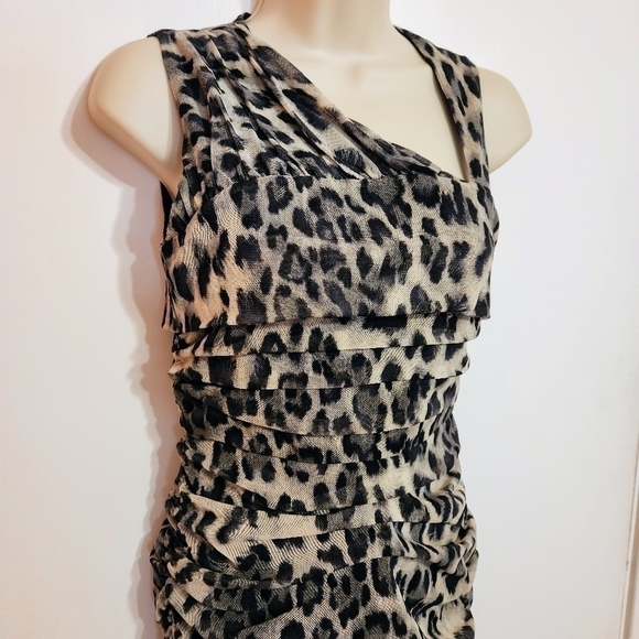 Allen B Cheetah Print Mesh Ruched Asymmetrical Mini Dress Black Beige X Small - Picture 2 of 12